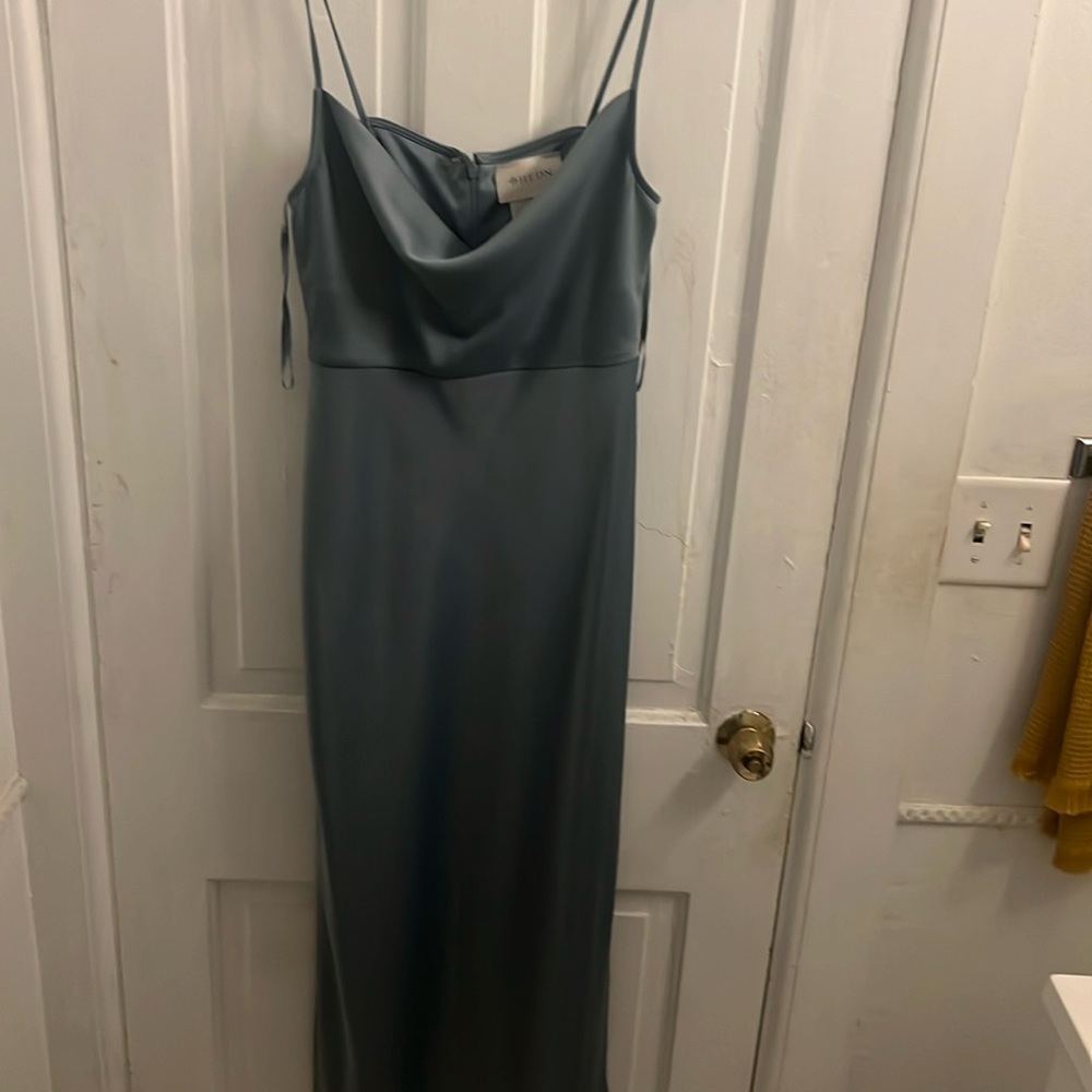 Bhldn Calie dress in dusty blue.